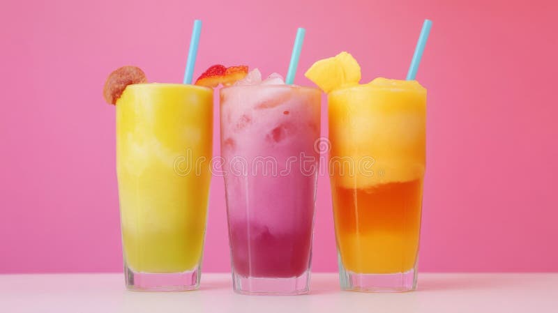 Three Colorful Fruit Smoothies in Tall Glasses vector illustration