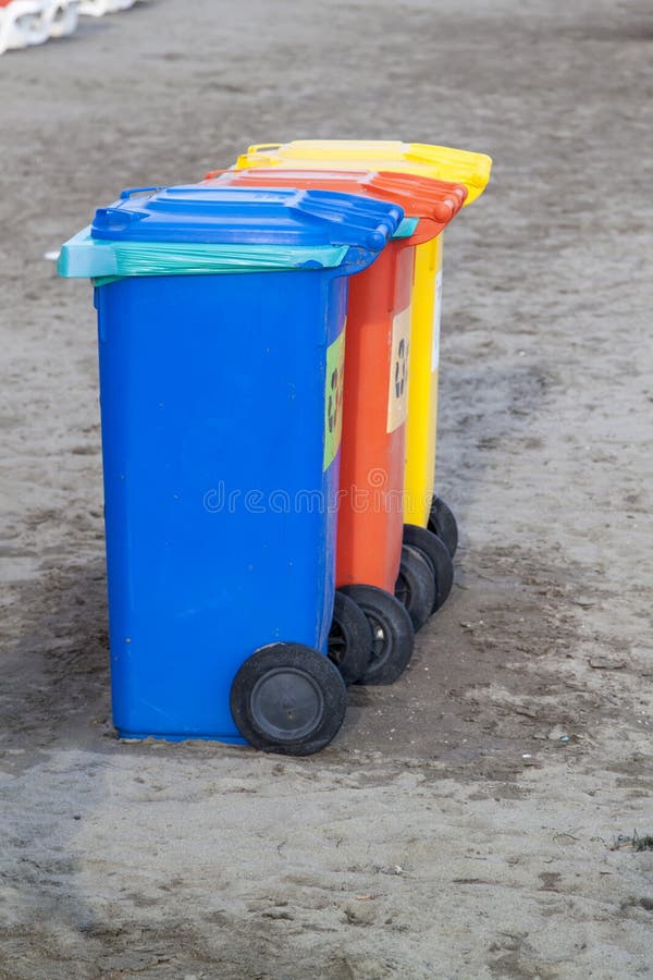 Three Colorful Recycle Bins on Beach Stock Photo Image of ecology