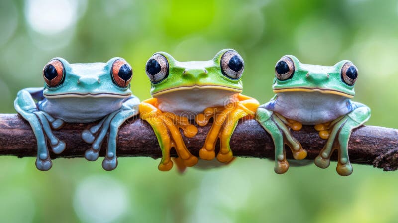 Three Colorful Tree Frogs on a Branch royalty free illustration