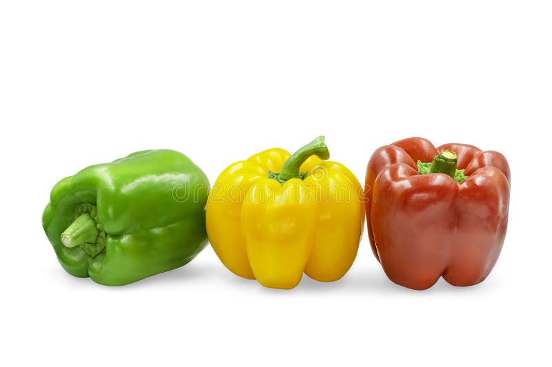 Three colors sweet bell pepper on white isolated background with clipping path. Yellow, green and red sweet bell pepper have high