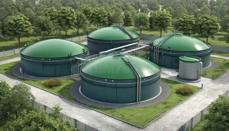 Three compact digesters arranged in a triangle formation, showcasing modern waste management technology in an eco-friendly royalty free stock photo