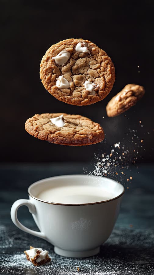 Three cookies soaring above a cup of milk. royalty free stock images