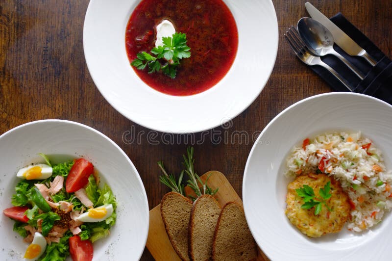 Three-course Set Menu for a Nutritious Healthy Lunch. Three Course Set