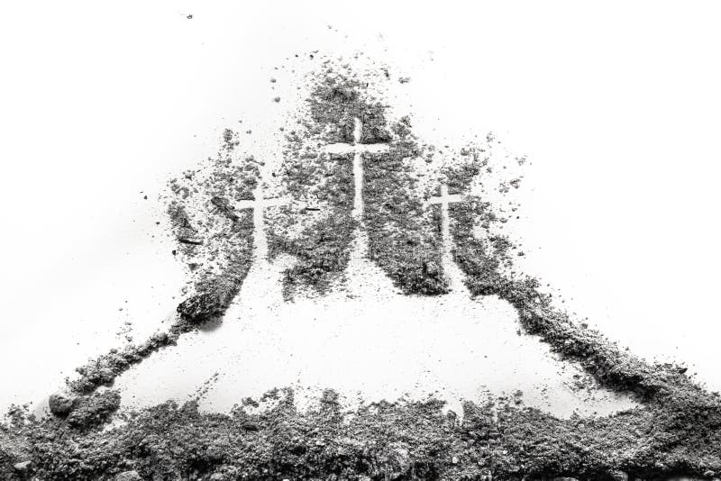 Three cross on Golgota hill drawing made of ash or dus