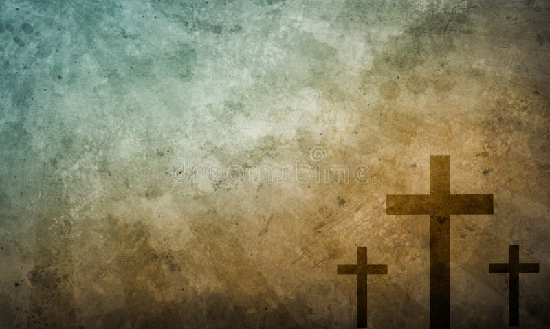 Three christian crosses on vintage texture. Grass night sky background illustrations