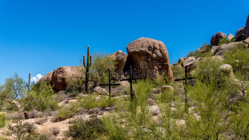 Three Crosses on a Hillside in the Arizona Desert royalty free stock image Three Crosses on a Hillside in the Arizona Desert royalty free stock image