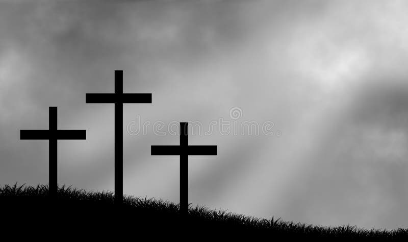 Three crucifix crosses on hill and ray of light