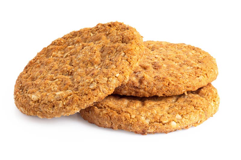 Three Crunchy Oat and Wholemeal Biscuits Isolated on White Stock Image