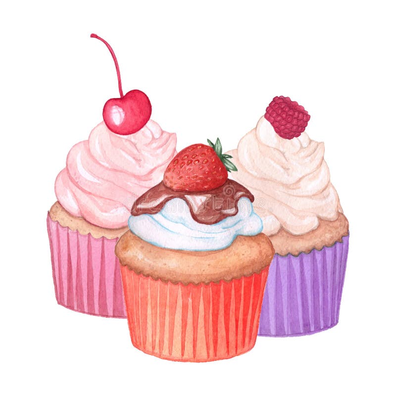 Three Cupcake, Cherry, Strawberry, Raspberry. Stock Illustration