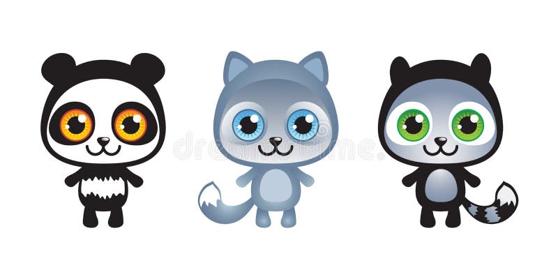 Set of thee children illustration with cute funny baby animals panda wolf skunk. Smiling skunk illustrations