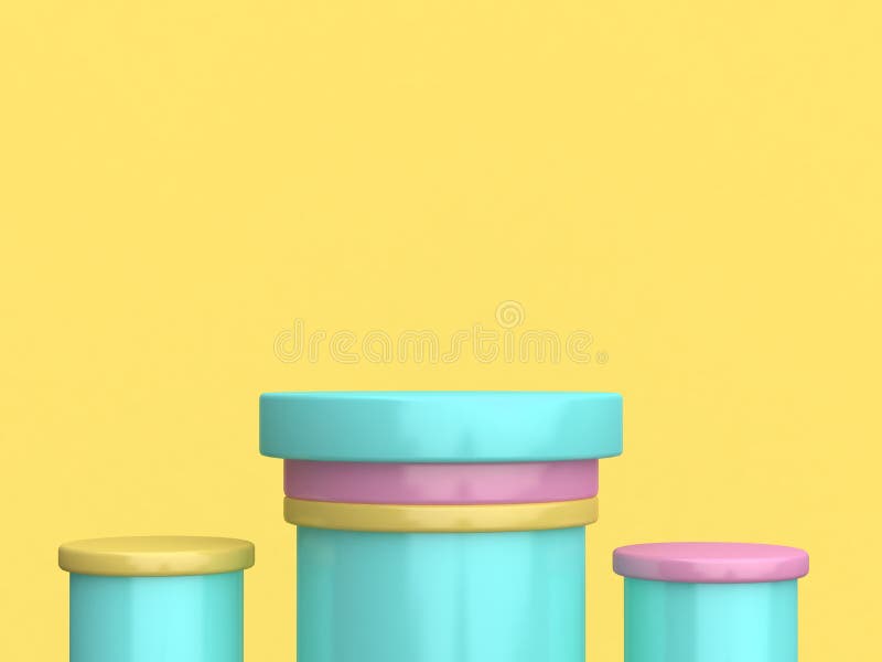 Three cylinder colorful green pink podium minimal yellow background 3d render stock illustration