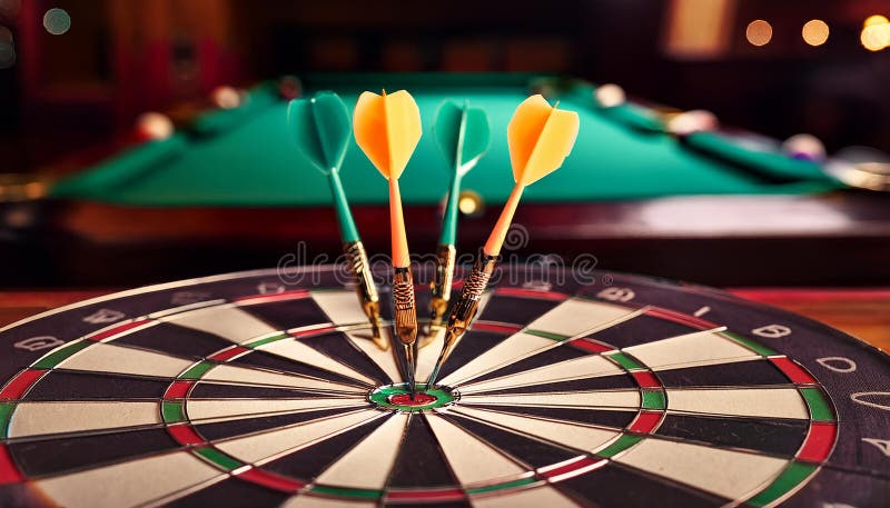 Three darts in a dart board with a pool game in the background, games room. Ai Generated image