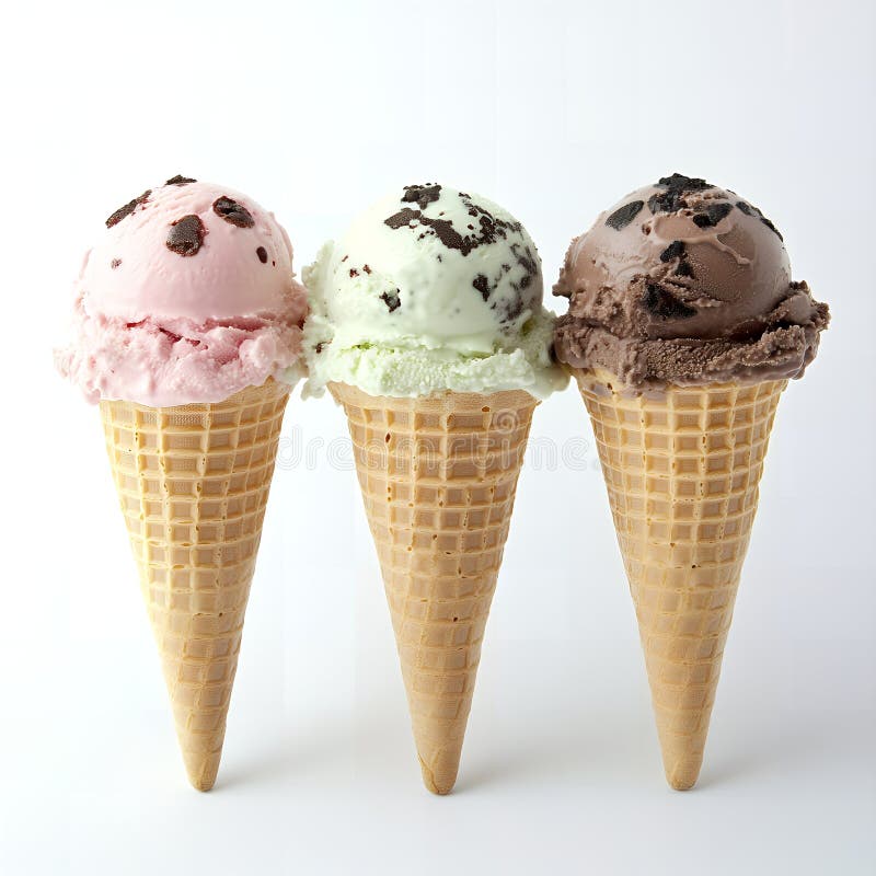 Three Delicious Ice Cream Cones Strawberry Mint Chocolate Flavors Dessert Treat stock illustration