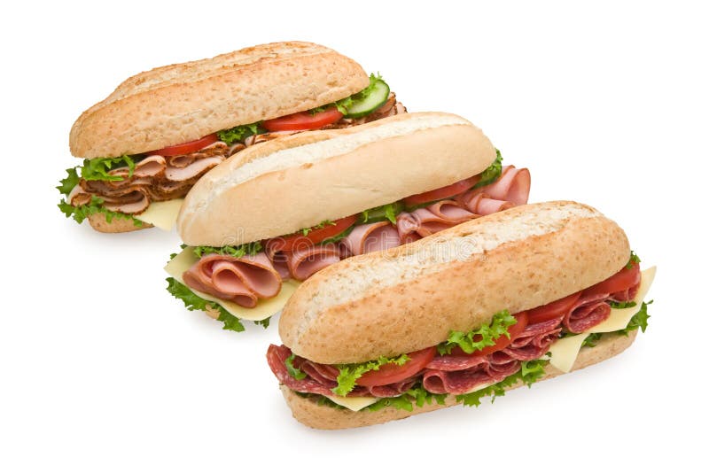 Three delicious submarine sandwiches on white