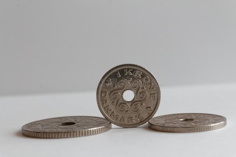 Three Denmark Coins, Front Coin Denomination is 1 Krone (crown) Lie on