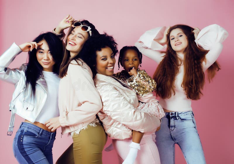 Three different nation girls with diversuty in skin, hair. Asian, scandinavian, african american cheerful emotional royalty free stock photography Three different nation girls with diversuty in skin, hair. Asian, scandinavian, african american cheerful emotional royalty free stock photography