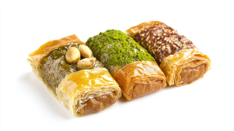 Three different pastries with nuts and seeds on top. The pastries are arranged in a row on a white background AI generated