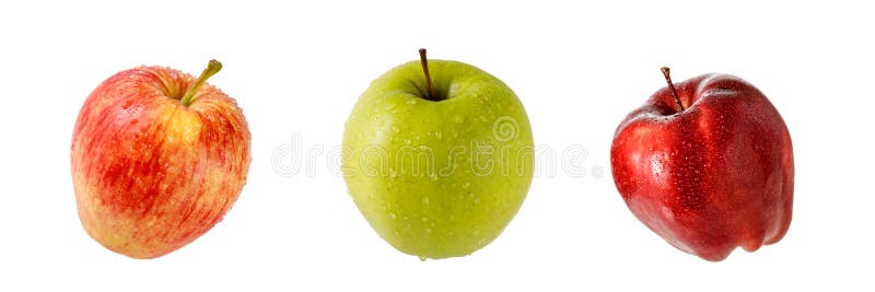 Three Different Varieties of Fresh Apples with Water Drops Isolated on