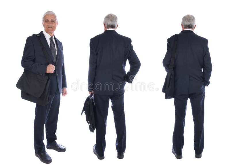 Three different views of a mature businessman carrying a briefcase, back view and front view, isolated on white royalty free stock photography