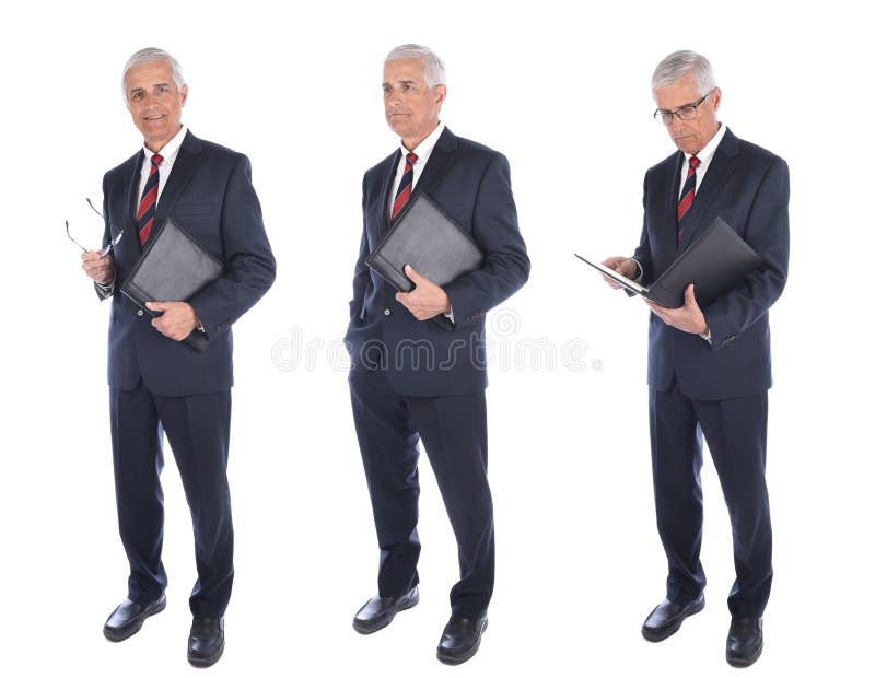Three different views of a mature businessman holding a notebook, isolated on white stock image