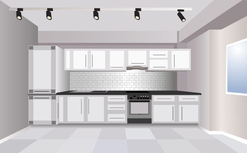 Three dimensional modern white color kitchen with fridge, stove and large space vector illustration