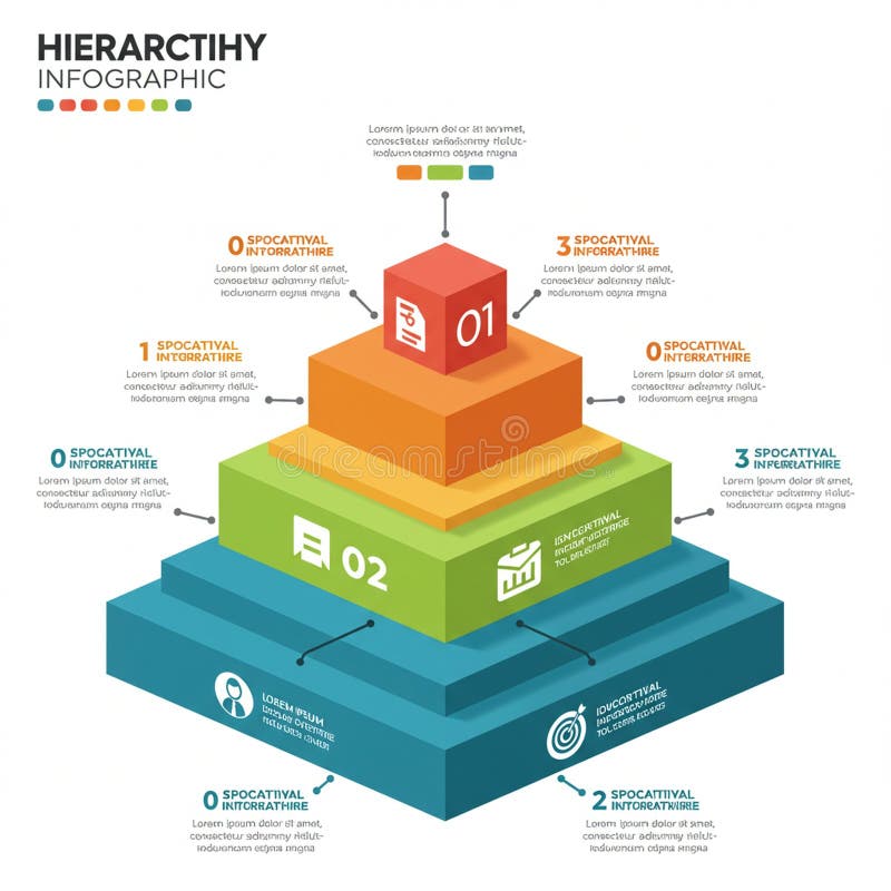 Three-dimensional pyramid-shaped infographic with five stacked layers, each labeled vector illustration