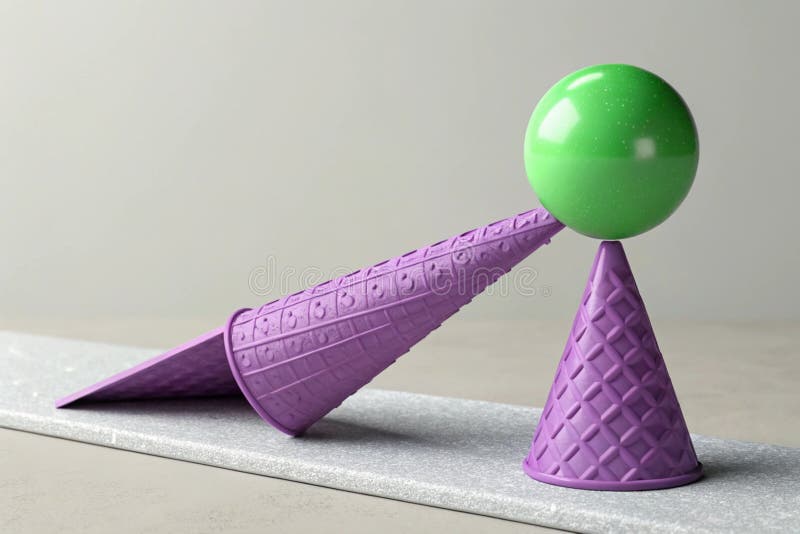 Three dimensional render of green ball balancing on slope of purple cone-generated by ai royalty free illustration