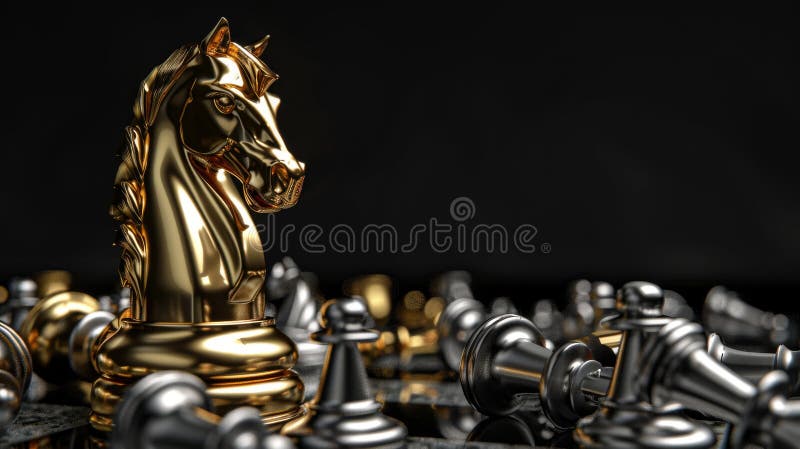 Three-dimensional rendering of gold knight chess standing on falling chess, competition challenge facing leader business stock images