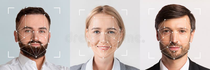 Diverse individuals showcasing facial recognition technology in a modern setting royalty free stock photos