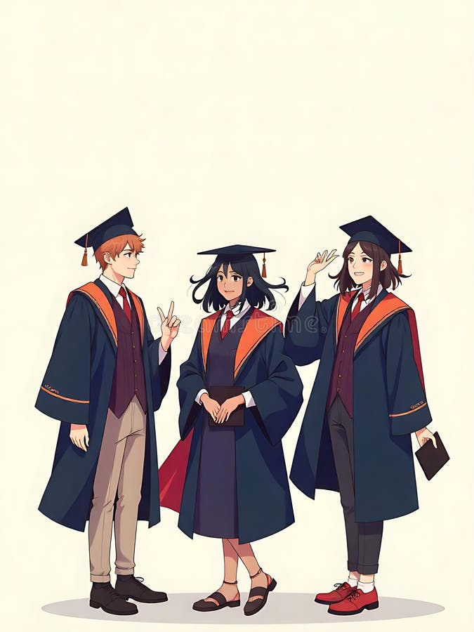 Three diverse graduates celebrate their achievement, wearing caps and gowns with graduation books royalty free illustration