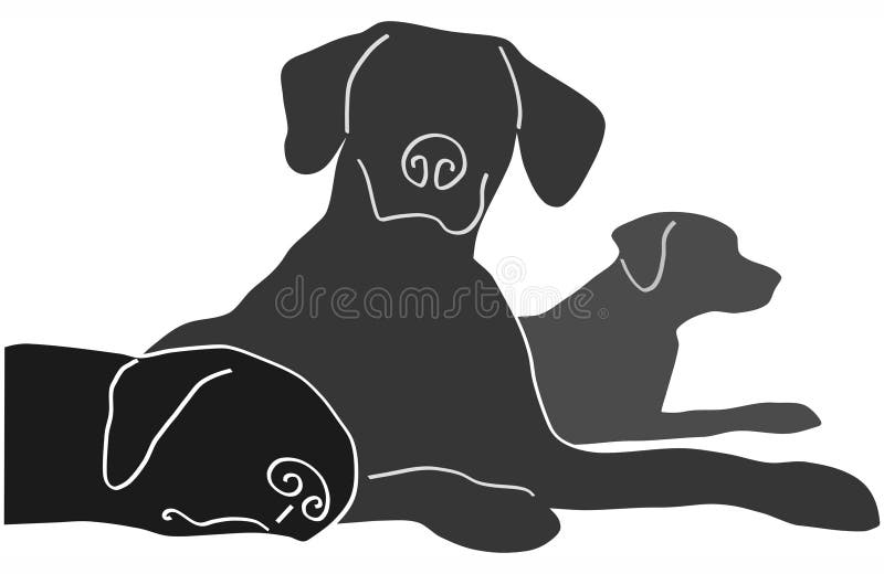 Three dogs relaxing. B/W illustration