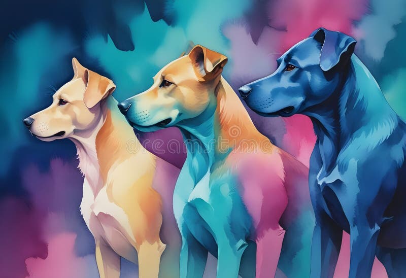 Trei câini din rase diferite, în vederea vizibilității, stau pe un fond abstract colorat. royalty free illustration