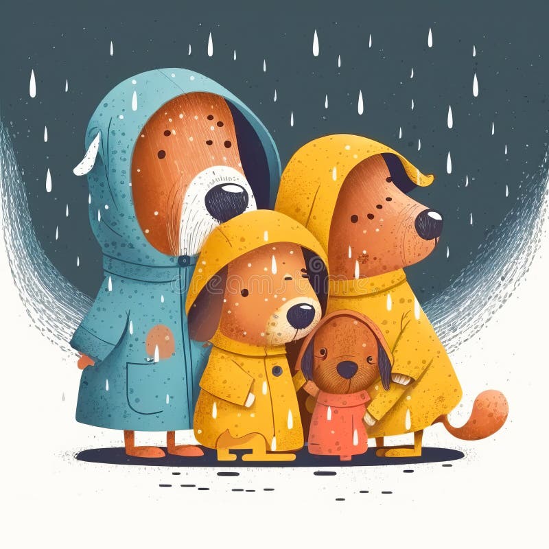 Three Dogs Wearing Raincoats in the Rain. Generative AI Stock Photo