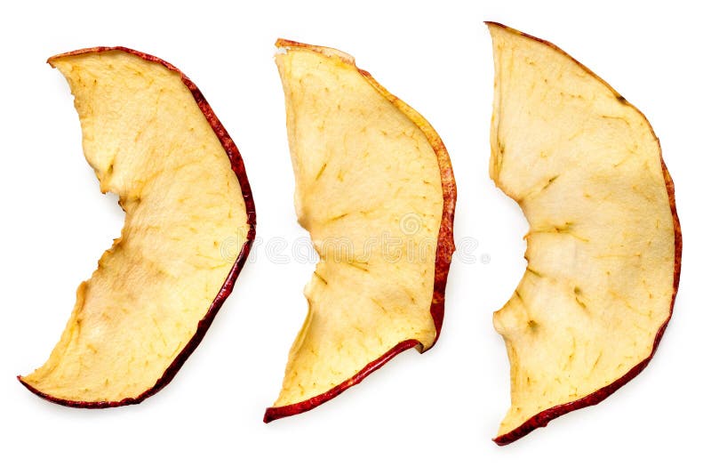 Three Dried Apple Slices Isolated on White from Above Stock Photo