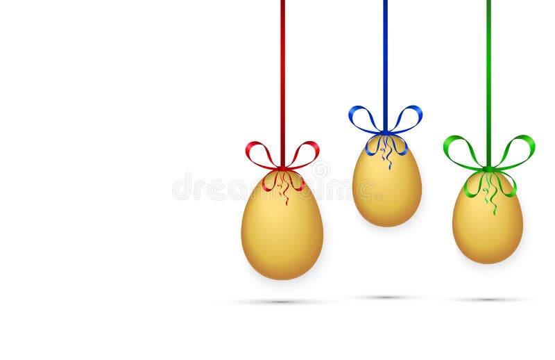 Three Eggs Hanging on Colored Ribbons on White Background, Vector Stock ...