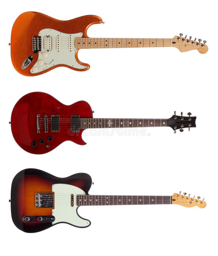 Group of Three Electric Guitars on White Stock Image Image of black
