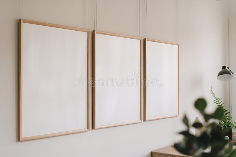 Three Elegant Blank Wooden Framed Pictures Hanging on Wall vector illustration