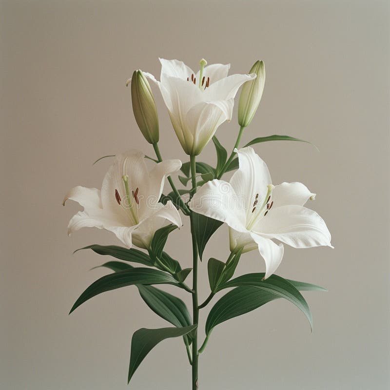 Three elegant white lilies with green buds against a neutral background. royalty free illustration