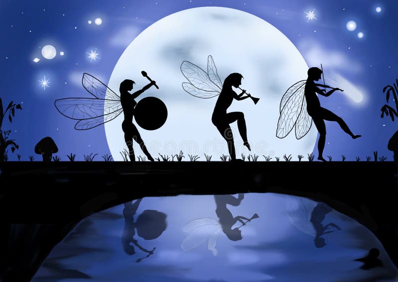 Tres duende bailar cantando en luz de la luna noche en suenos.
