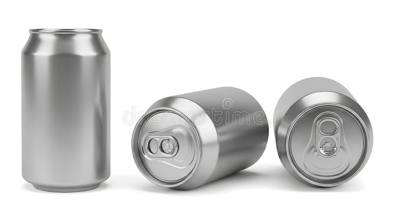 Three empty aluminum beverage cans are shown in a row. One can is standing upright, while the other two are lying on their sides. The cans are metallic silver with visible tab openings. Coke can illustrations