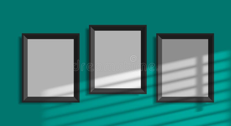 Three empty picture frames hanging on the wall window light blinds shadow overlay effect mock up stock illustration.
