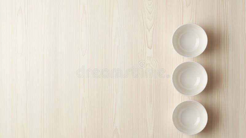 Three empty white bowls arranged vertically on a light wood background. royalty free stock photos