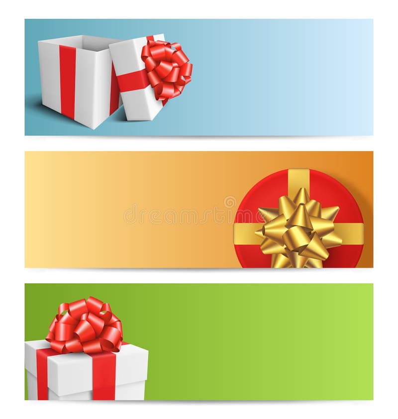 Three Festive Christmas Cards with Gift Boxes on White Stock Vector