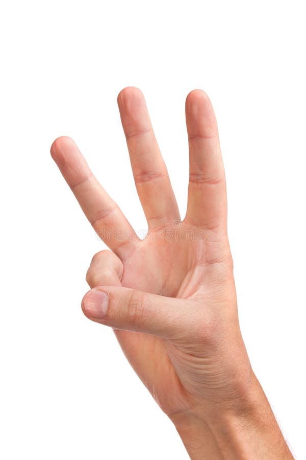 Male hand is showing three fingers isolated on white background. Male hand is showing three fingers isolated on white background