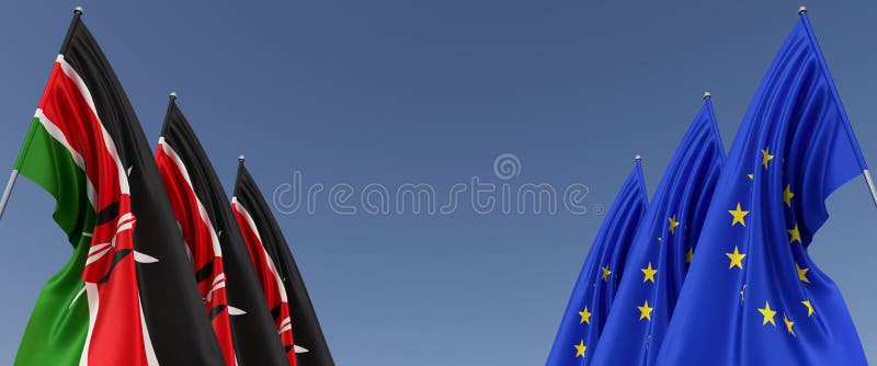 Three flags of European Union and Kenya on flagpoles on sides. Flags on a blue background. Place for text. EU, Europe. Nairobi royalty free illustration