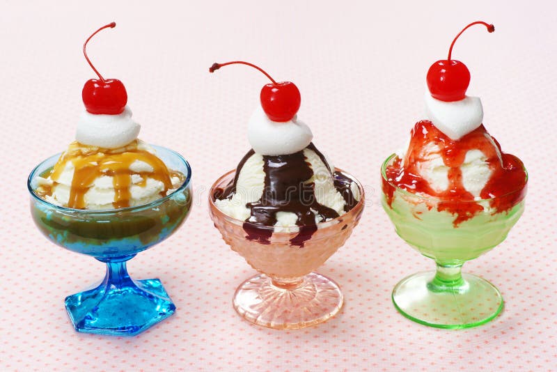 Three Flavors of Ice Cream Sundaes in Vintage Glass Dishes