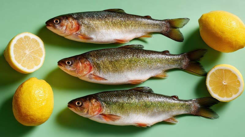 Three fresh fish and whole lemons on a green background, arranged in an artistic composition. stock photos