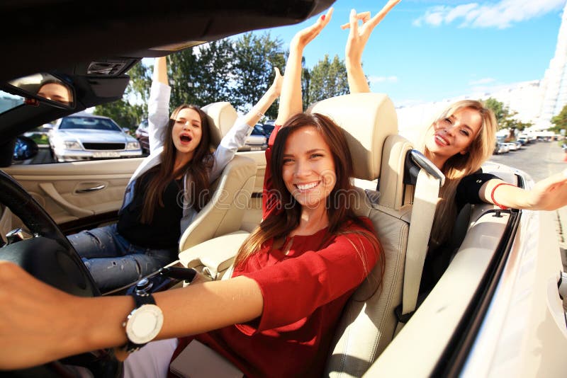 Three Girls Driving Convertible Car Having Fun Stock Photos Free