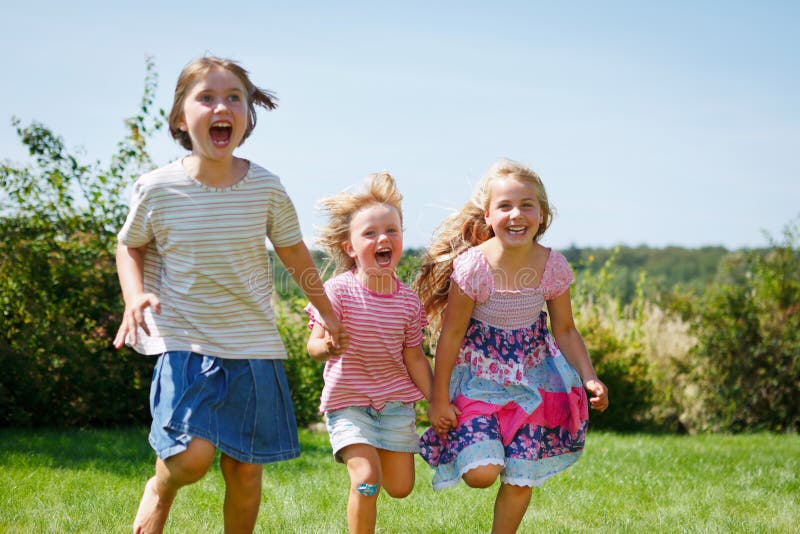 Three Girls Running Outdoor Laughing Stock Photo Image of girl
