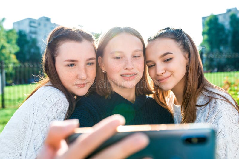 Three Girls Schoolgirls Girlfriends Kissing Video Camera Smartphone ...